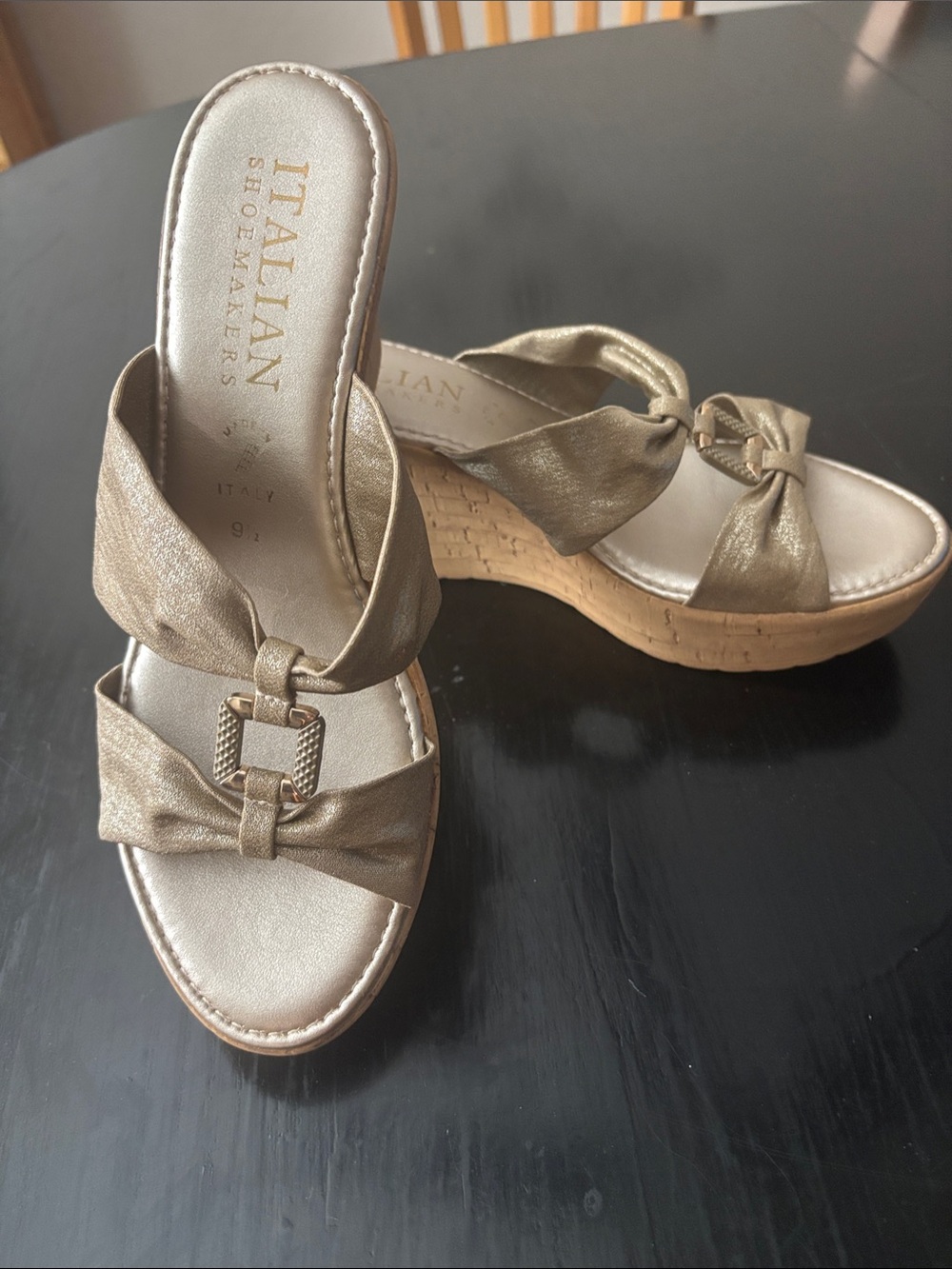 Italian Shoemakers Metallic Bronze Knot-Front Wedge Sandals